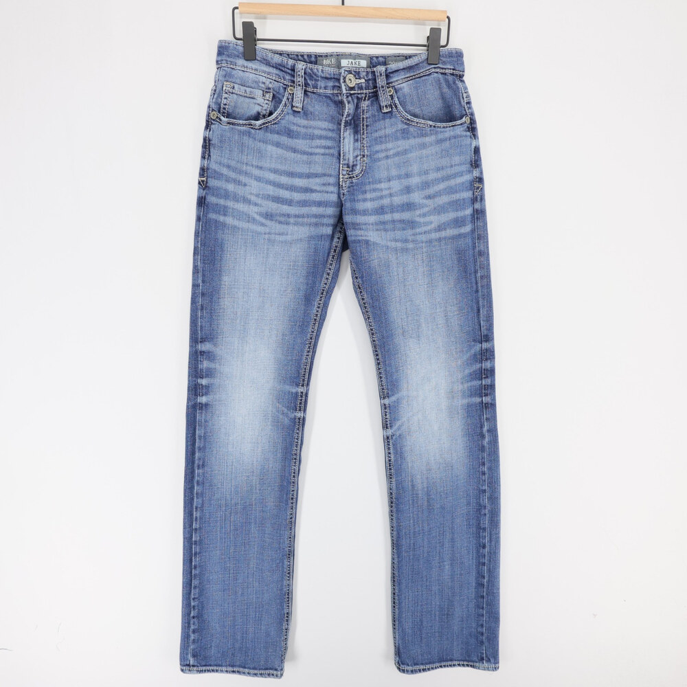 BKE Jake Jeans Mens 29XL Blue Bootcut Stretch Denim Whiskered Distressed